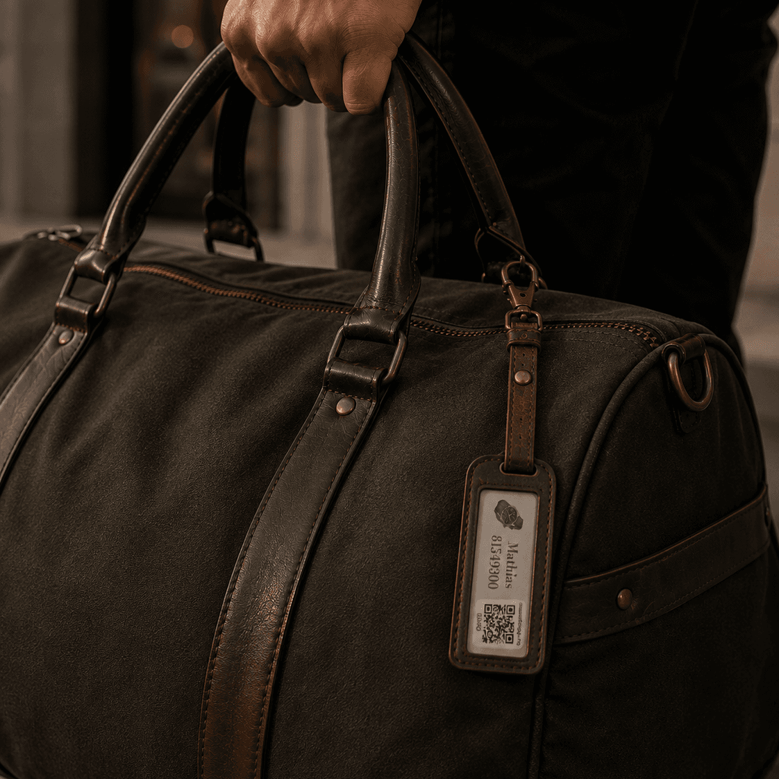 Foundit QR-navnelapp på en weekendbag til reise og bagasje