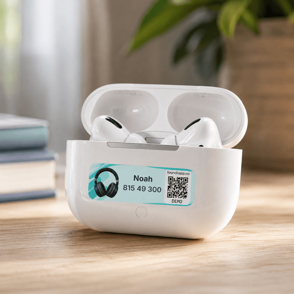 Foundit QR-navnelapp på et AirPods-etui