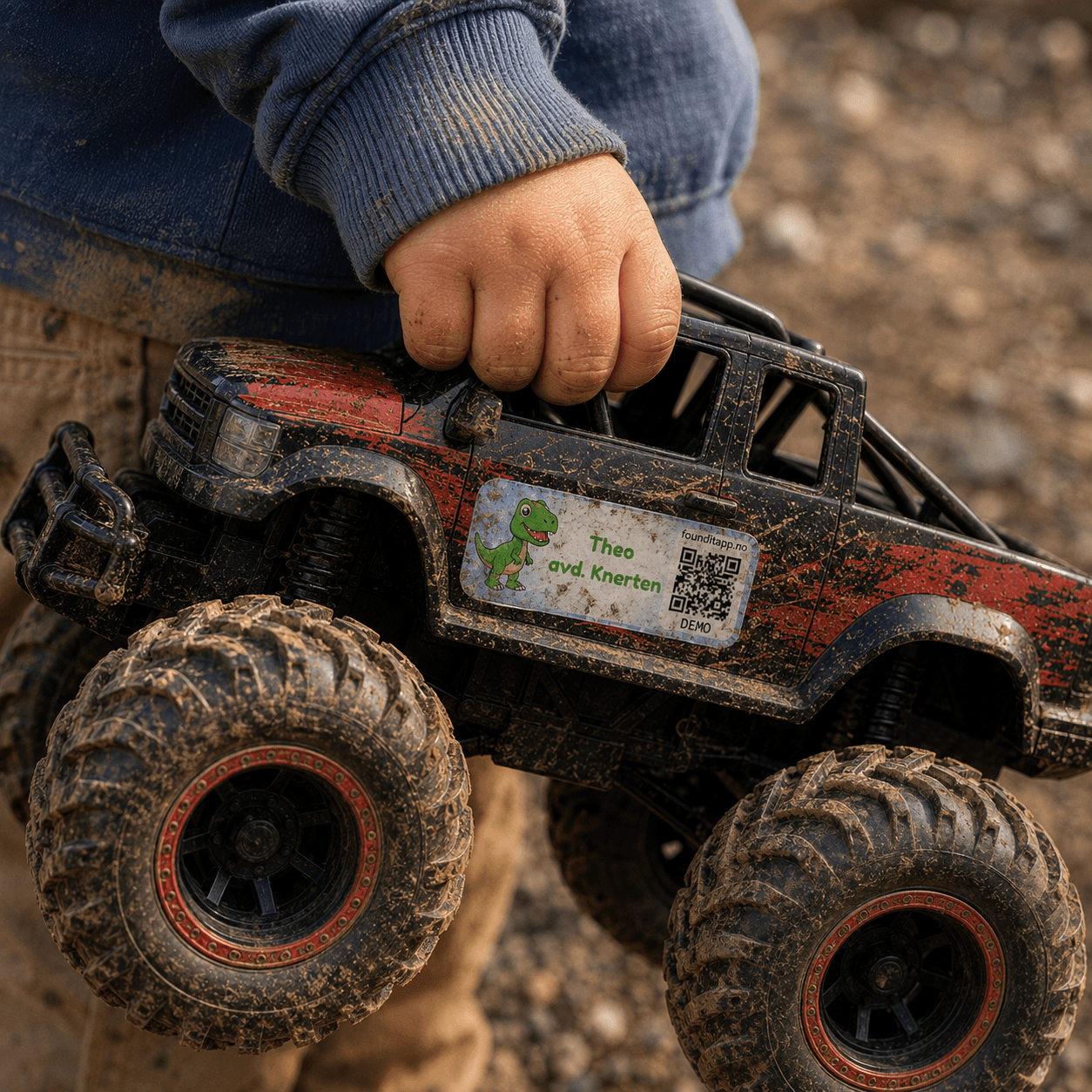 Foundit QR-navnelapp på en monstertruck-leke
