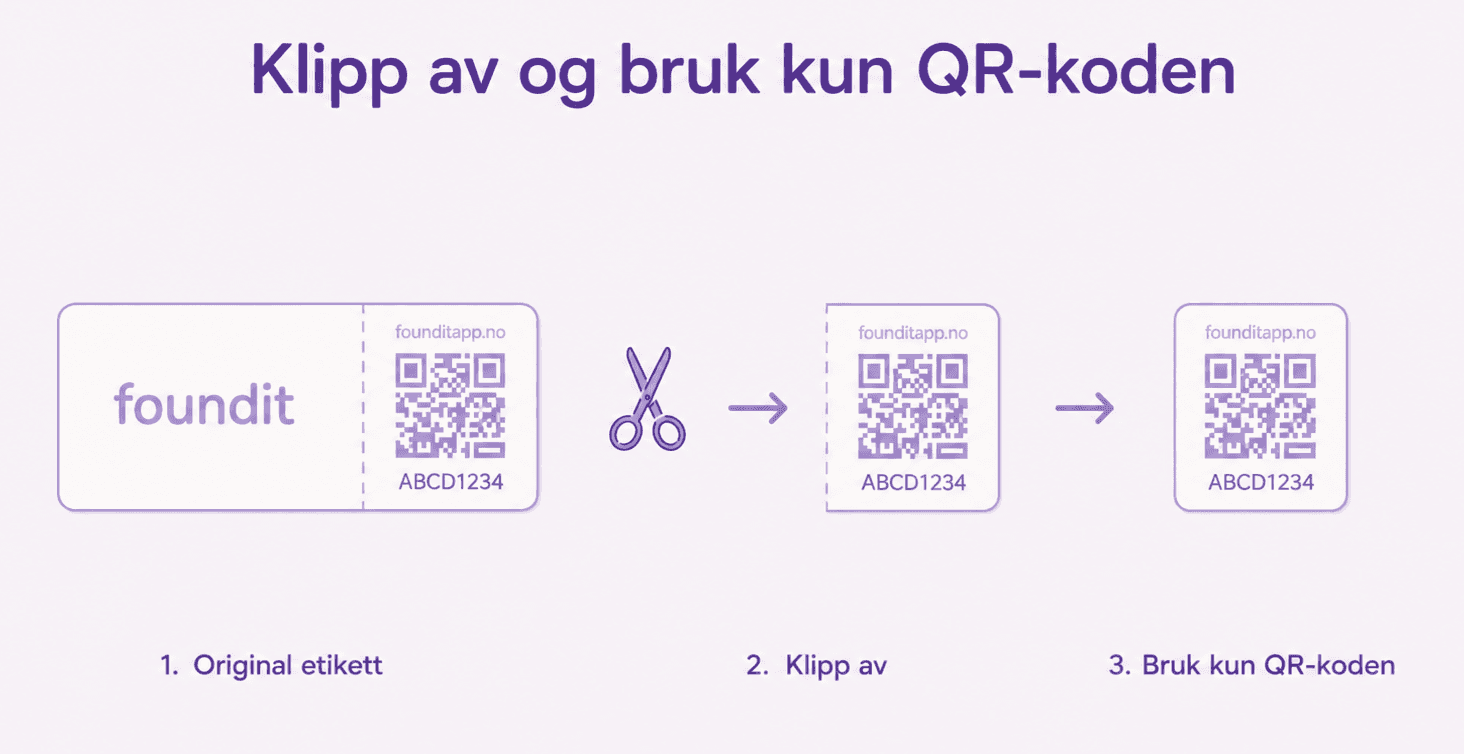 Illustrasjon som viser at du kan klippe av og bruke kun QR-koden fra en Foundit-merkelapp